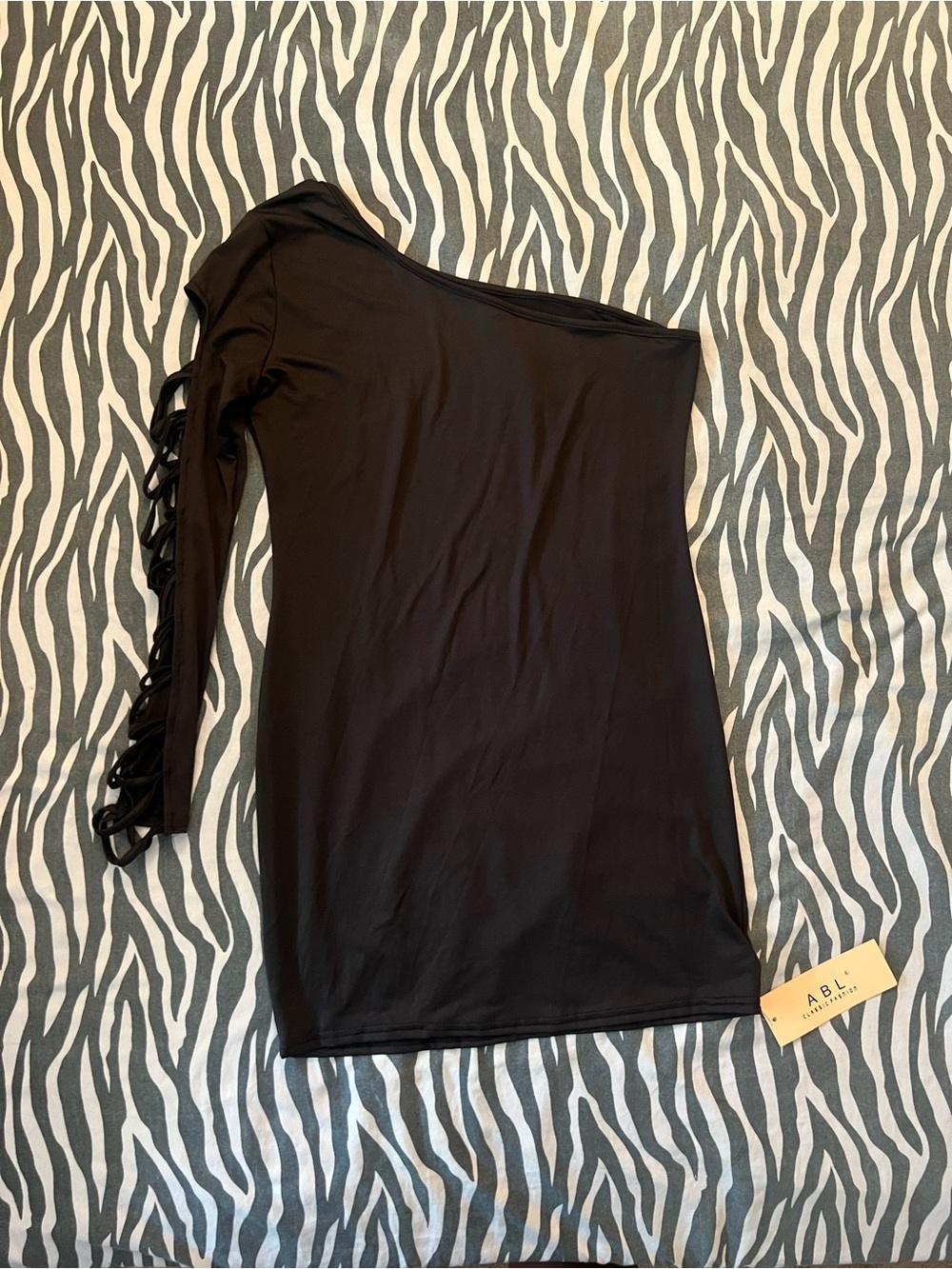 One-Shoulder Black Mini Dress with Lace-Up Sleeve